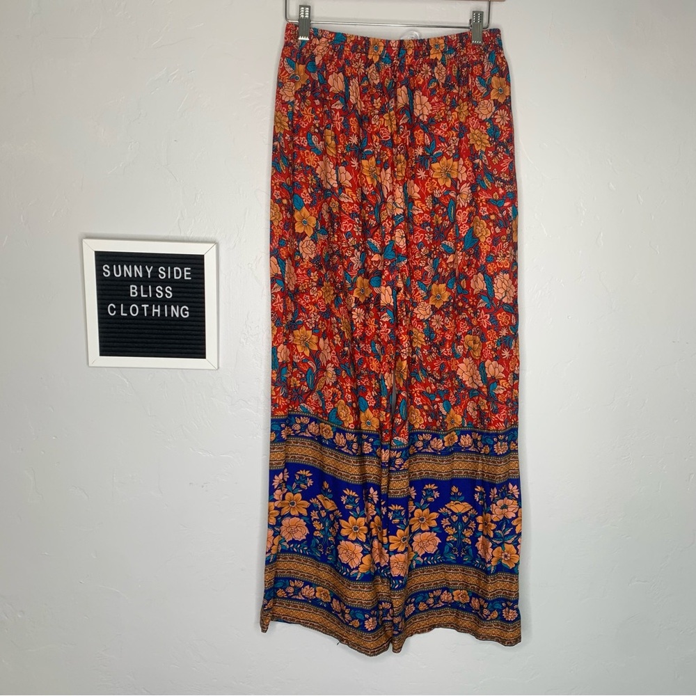 MSM Colorful Floral Boho Wide Leg Pants Elastic Waist Drawstring Size Small - Picture 6 of 11